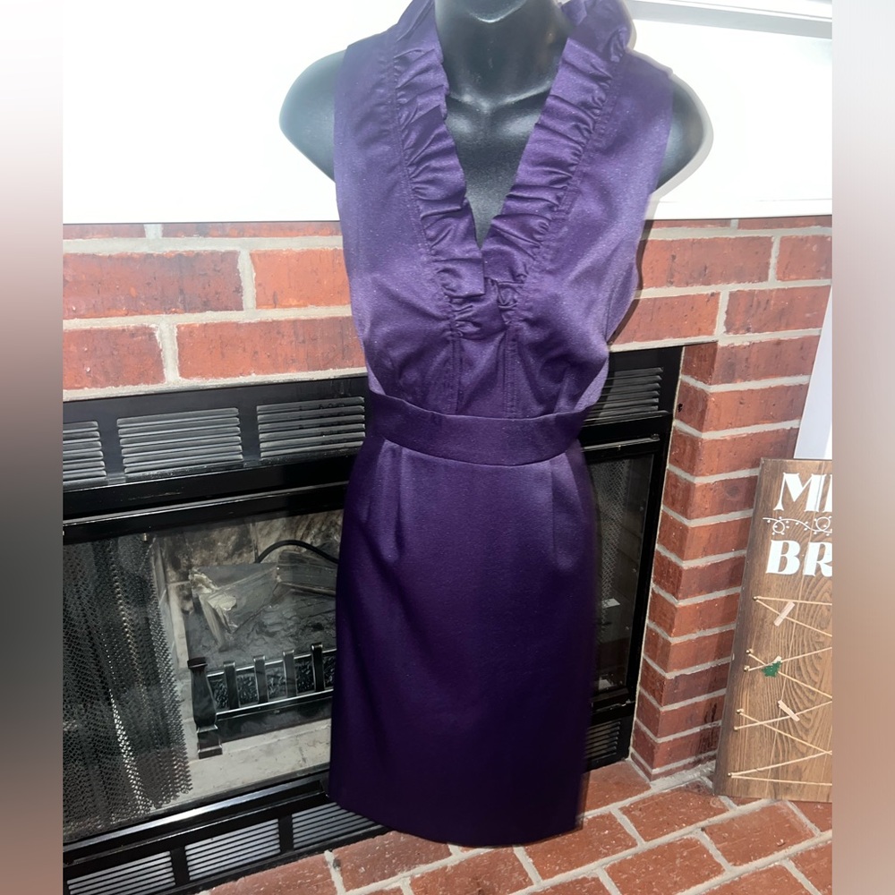 London Times Purple Ruffle Neck Pencil Dress Size 10